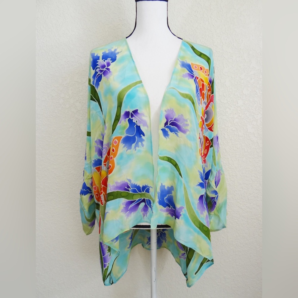 Vintage DEEVA New York Silk Top Floral Print Kimono Style Hand Painted / Batik?